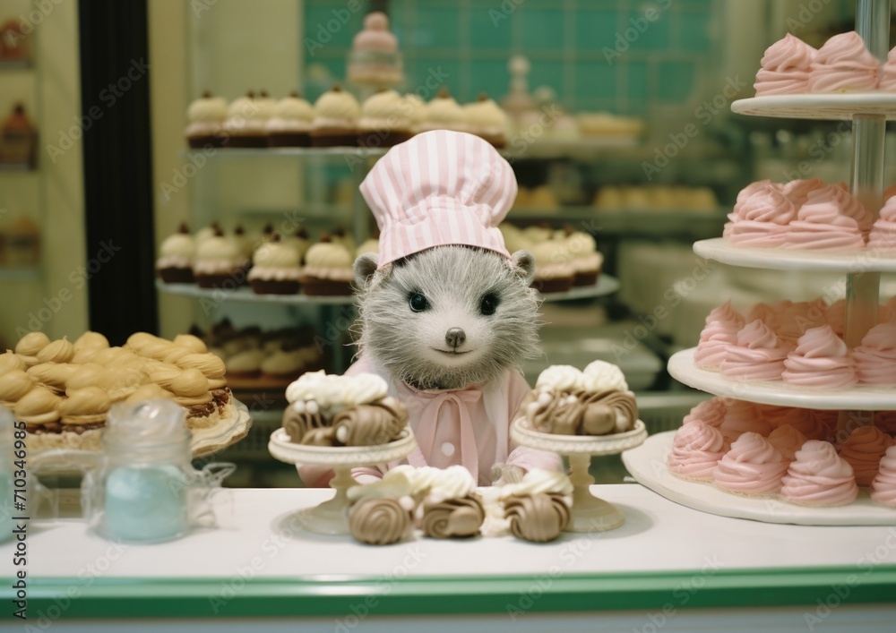 A small mouse wearing a chef hat stands behind a counter with cakes. Generative AI.