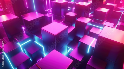 Abstract 3D scenery with luminous neon squares, AI Generated.