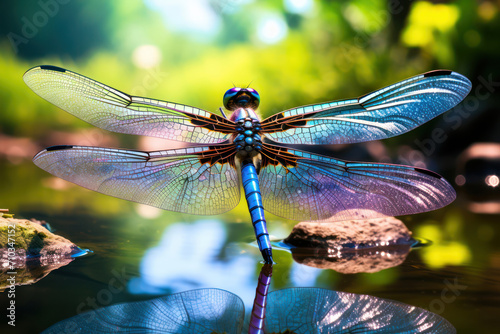 Photo of a colorful and large dragonfly, hovering over a serene pond, with its wings shimmering in the sunlight © Hanna Haradzetska