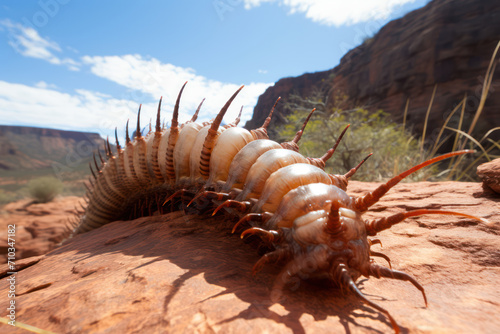 Photo of a colossal centipede, in a rocky desert environment, showcasing its length and numerous legs © Hanna Haradzetska