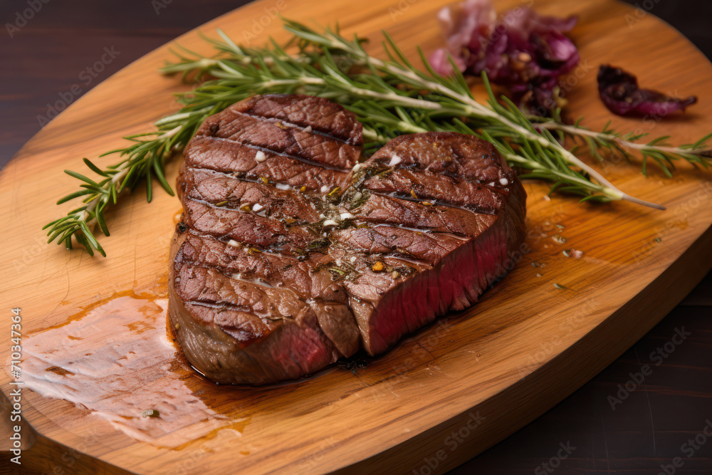 
Photo of a heart-shaped steak on a wooden cutting board, cooked to medium-rare