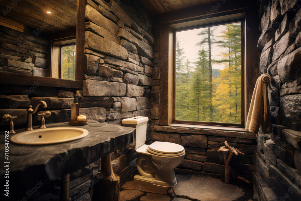Fototapeta premium Wooden toilet in a cabin-style bathroom with natural stone walls