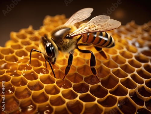 A bee is sitting on a honeycomb. Generative AI. © serg3d