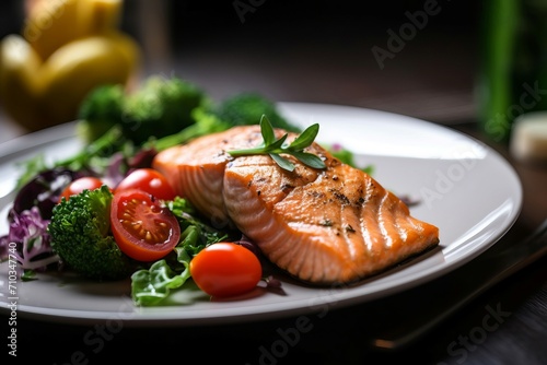 Salmon fish fillet platter. Healthy grilled seafood with fresh vegetable salad. Generate ai