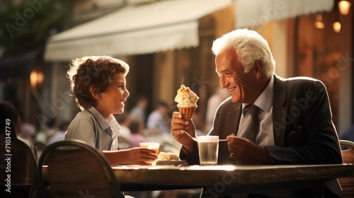 An older man and a young boy eating ice cream. Generative AI. photo