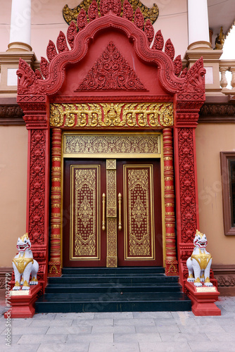 Tuol Sangkae Pagoda. Door decorated with Khmer motifs. Architecture.  Phnom Penh; Cambodia. photo