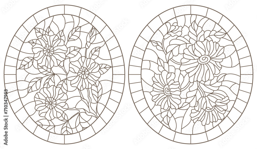Set of contour illustrations in stained glass style with floral arrangements, dark contours on a white background Set of contour illustrations in stained glass style with floral arrangements, dark contours on a white background