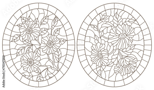 Set of contour illustrations in stained glass style with floral arrangements, dark contours on a white background