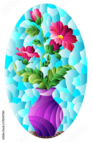 Illustration in the style of a stained glass window with a floral still life, a vase with pink  flowers  on a blue background, oval image