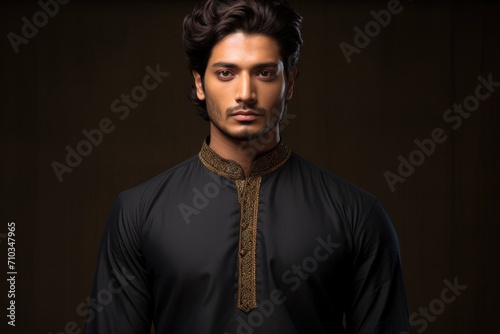 A man in black kurta with gold embroidery. Generative AI.