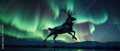 A deer is jumping in the air with the aurora lights in the background. Generative AI.
