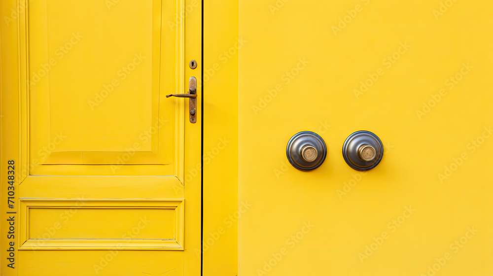 A yellow door with a brass handle on yellow background	
 - obrazy, fototapety, plakaty 