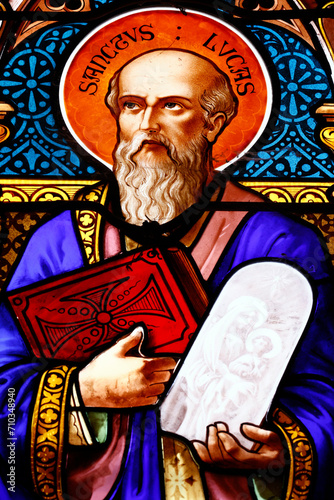 Huyen Si Church. Stained glass. Saint Luke the apostle. Ho Chi Minh city. Vietnam.