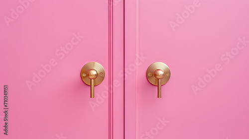 A pink door with a brass handle on pink background 