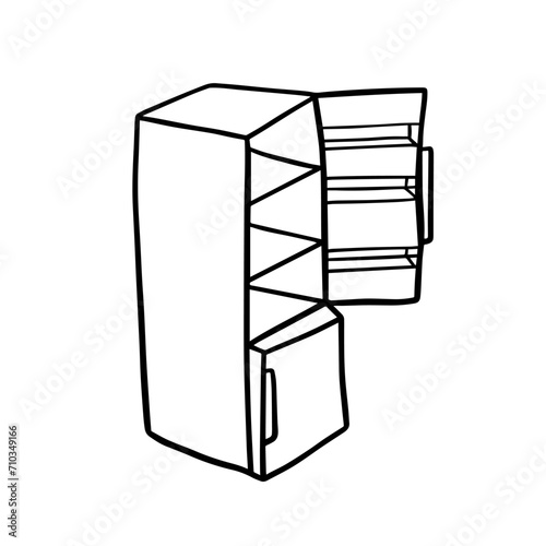 Refrigerator drawing in linear style. Black color hand drawn vector clipart.