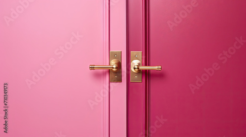 A  pink door with a brass handle on  pink background	 photo