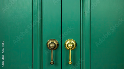 A  green door with a brass handle on  green background  © Planetz