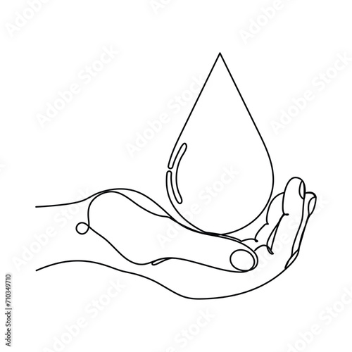 Continuous single line drawing catches water dropping on hand of world water day concept vector art illustration graphic design
