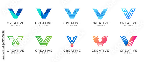 Letter V logo design for various types of businesses and company. colorful, modern, geometric letter V logo set
