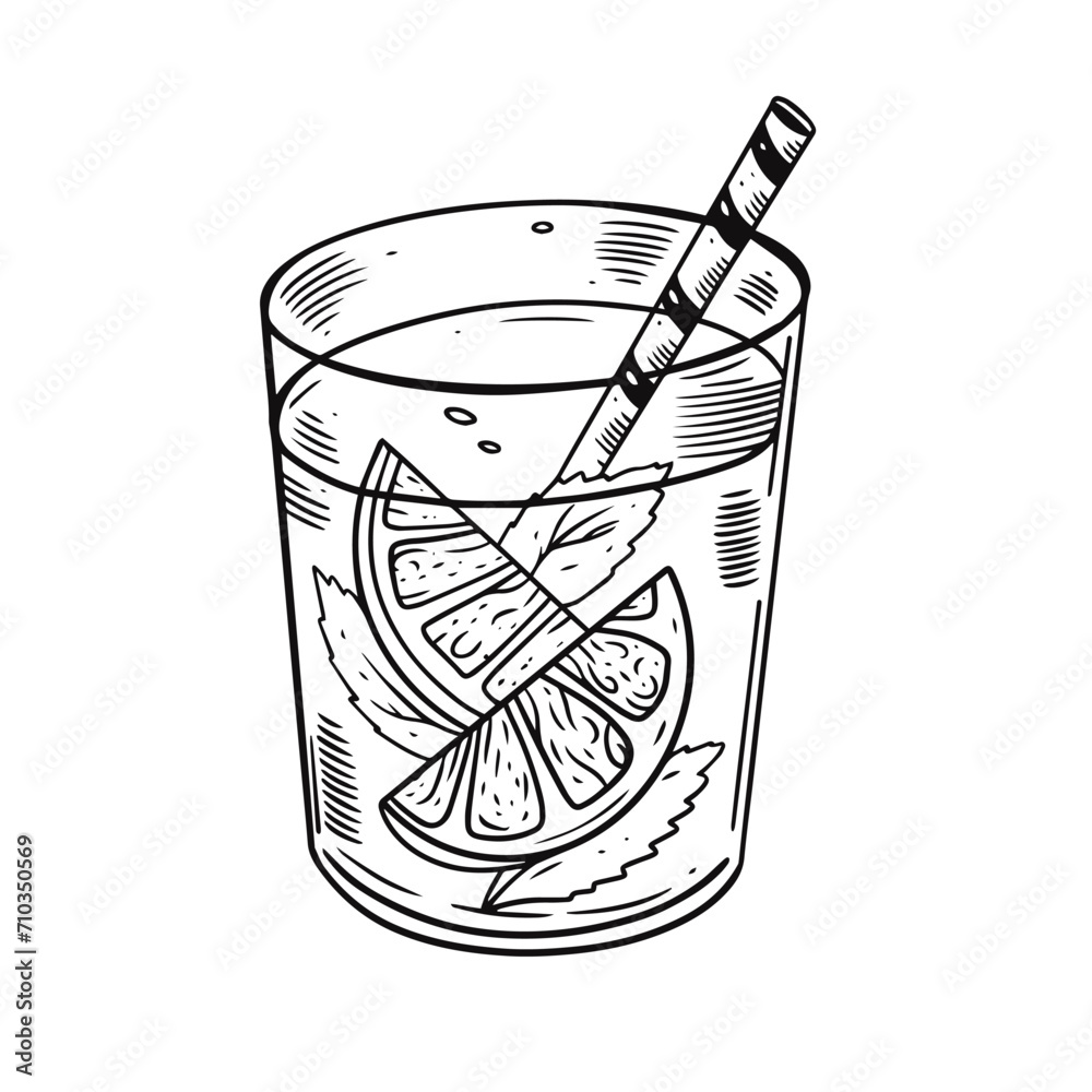 Hand draw cocktail with orange and mint. Black color engraving style. Hand draw cocktail with orange and mint. Black color engraving style.