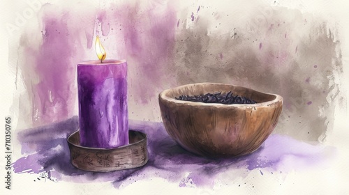 Watercolor illustration capturing the spirit of Ash Wednesday, featuring a purple candle beside an ash-filled bowl, calm and devout setting,