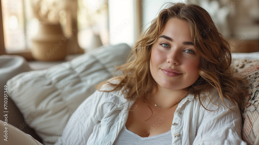 Chubby Woman on a Sofa, Young Woman Confident in Shape Chubby Woman on a Sofa, Young Woman Confident in Shape