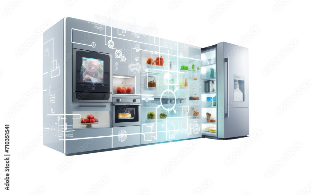 Smart Kitchen Panorama Captivating Overview with Focal Point on Refrigerator On White or PNG Transparent Background. Smart Kitchen Panorama Captivating Overview with Focal Point on Refrigerator On White or PNG Transparent Background.