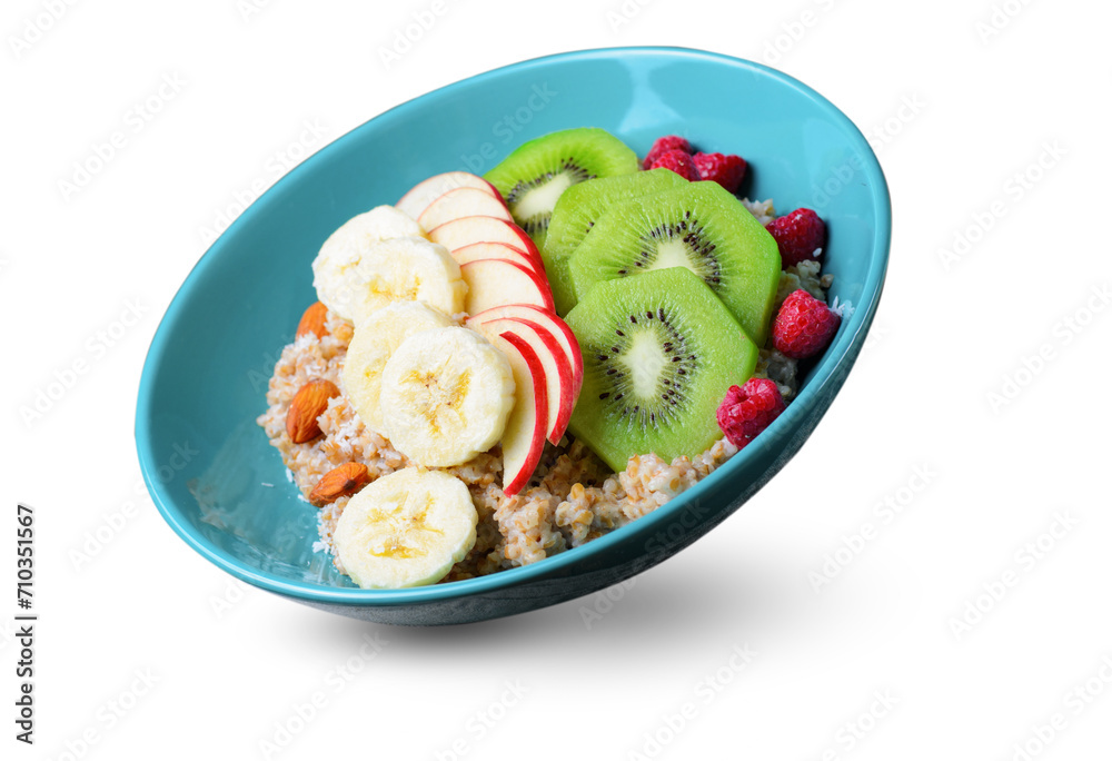 Spelt Porridge with Fruits in a Bowl on White Background Spelt Porridge with Fruits in a Bowl on White Background