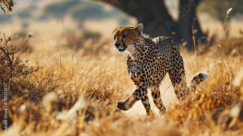 A cheetah is walking through the grass at sunset