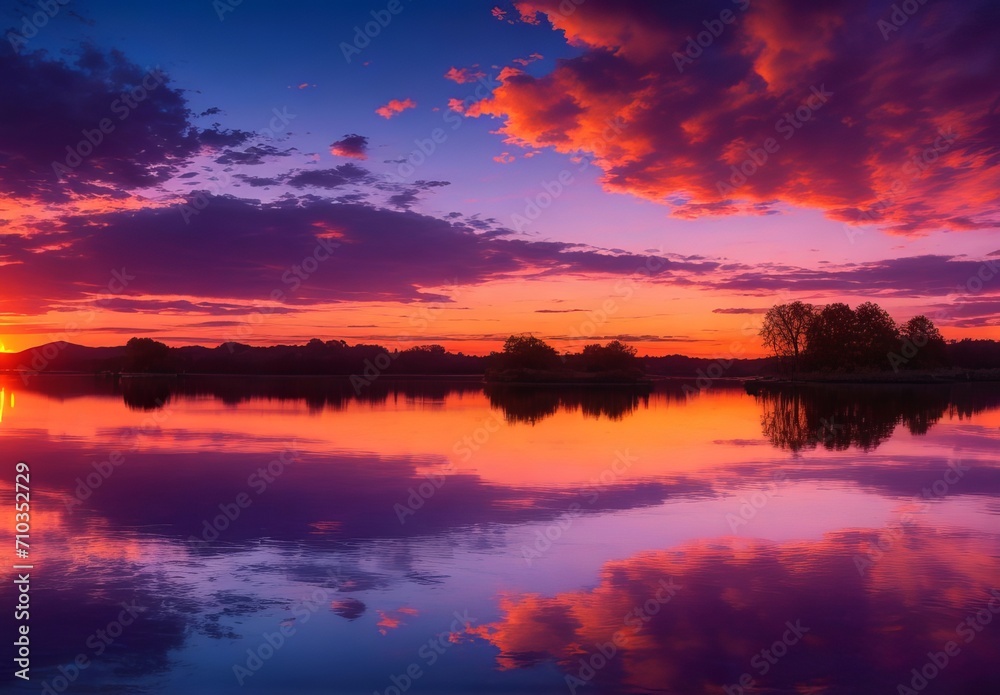 An image of a vibrant sunset over a serene lake, with colorful reflections shimmering on the water
An image of a vibrant sunset over a serene lake, with colorful reflections shimmering on the water