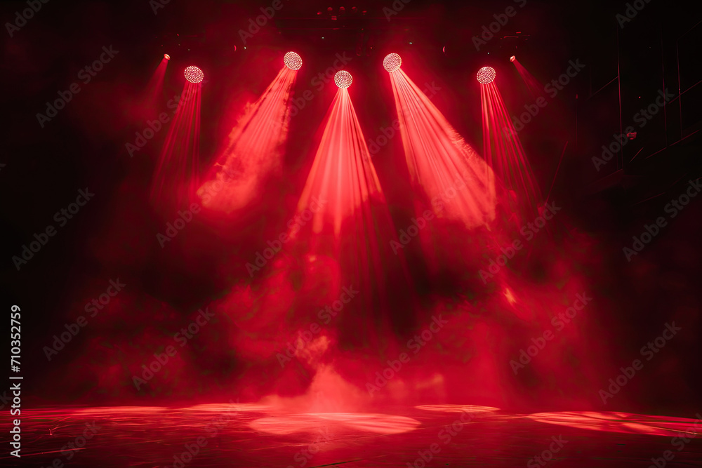 Free stage with lights and smoke, Empty stage with red spotlights, conser, show, party, Presentation concept.  Red spotlight strike on black background 