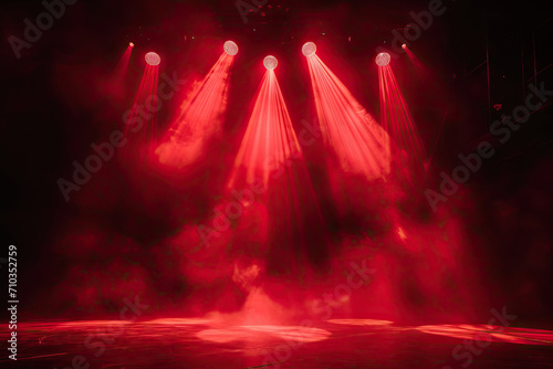 Free stage with lights and smoke, Empty stage with red spotlights, conser, show, party, Presentation concept.  Red spotlight strike on black background  © Planetz