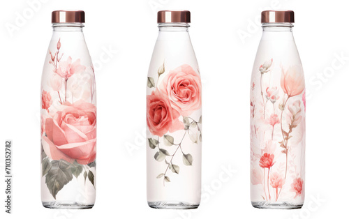 Rose Water Designs on Bottle with Bronze Cap On White or PNG Transparent Background.