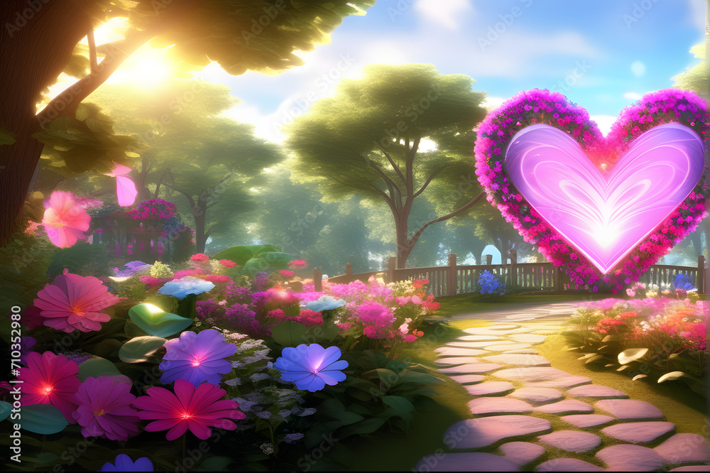 flowers with heart in the park. Heart-shaped garden: Radiant love, vibrant colors, and enchanting flora in a magical realm. AI-created ethereal beauty.