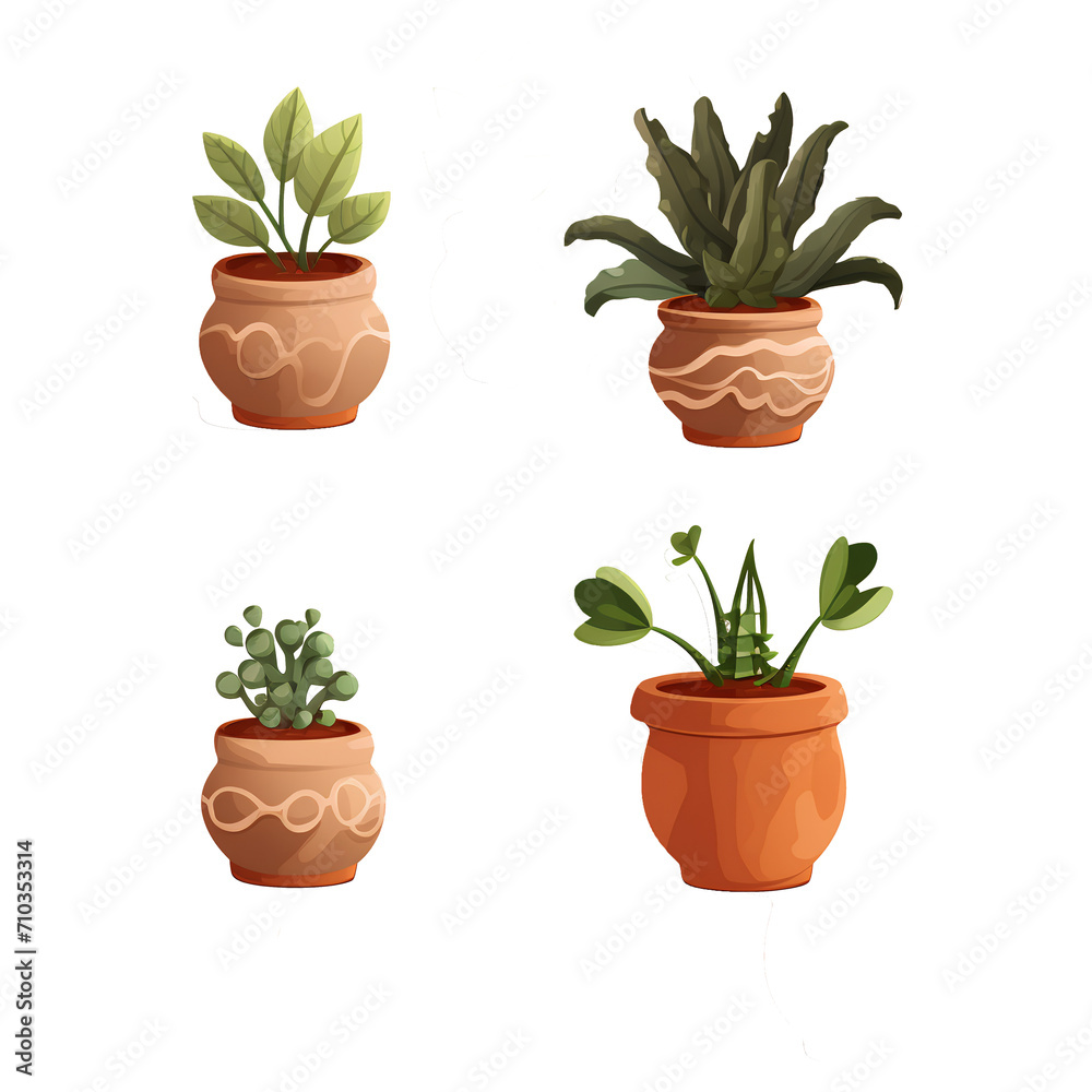 Different styles of potted plants, isolated on transparent background