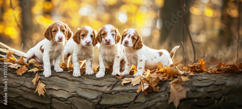 Cute funny dog group, Spaniel puppies standing together, leaning against a fallen tree trunk, happily field autumn leaves background