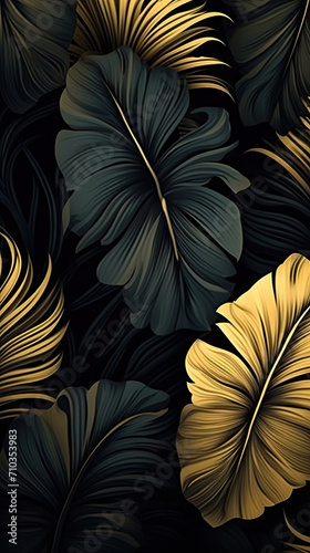 luxury black and gold tropical leaves on a dark background. .Trendy luxury fashion pattern design. Natural botany floral composition.