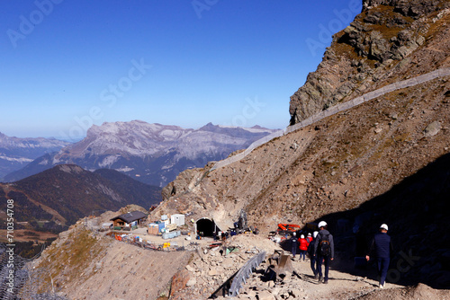 French Alps. Construction site on The Mont Blanc Tramway (TMB) the highest mountain railway line in France. Terminus at 2372 m. Saint Gervais. France. photo