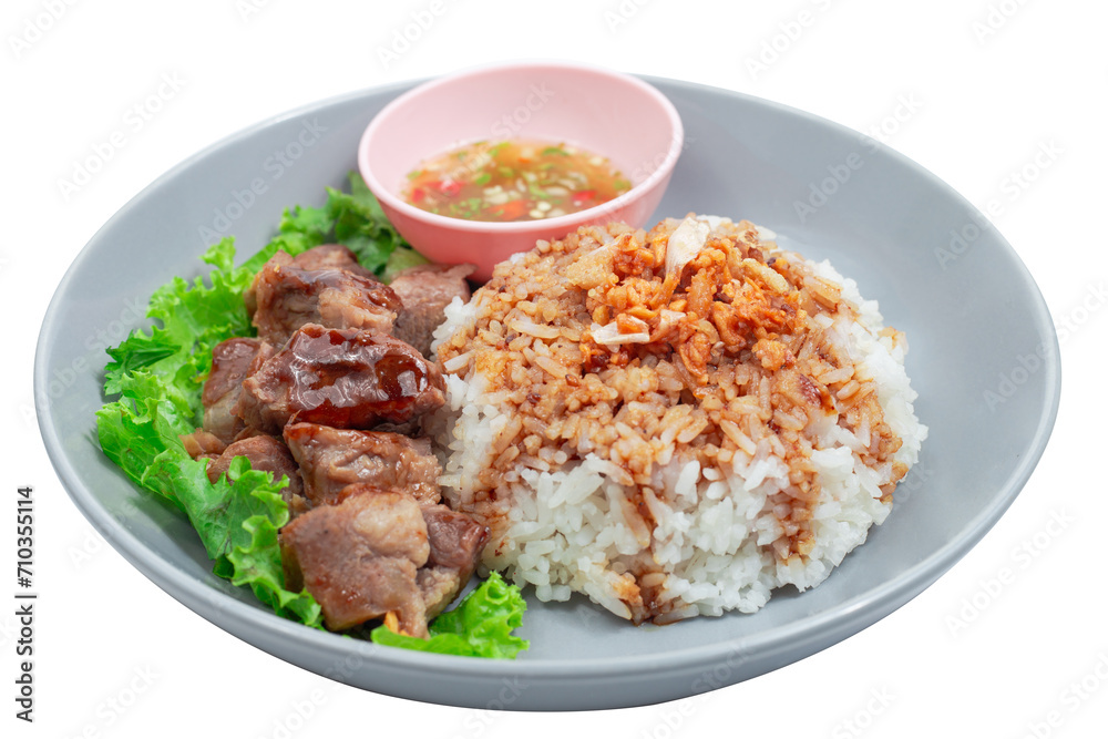 Stewed beef with rice on plate