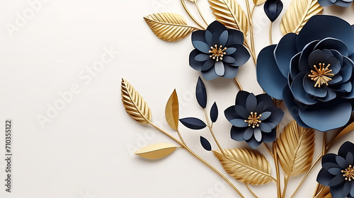 a gold and navy blue  flowers, A close up of a paper flower with leaves on a white background. Perfect for spring or wedding-themed designs, greeting cards, scrapbooking, and crafting projects.