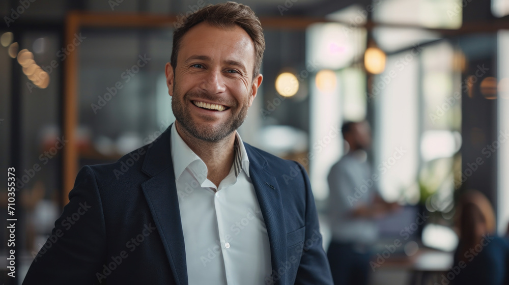 Portrait of a handsome smiling businessman boss standing in his modern business company office.