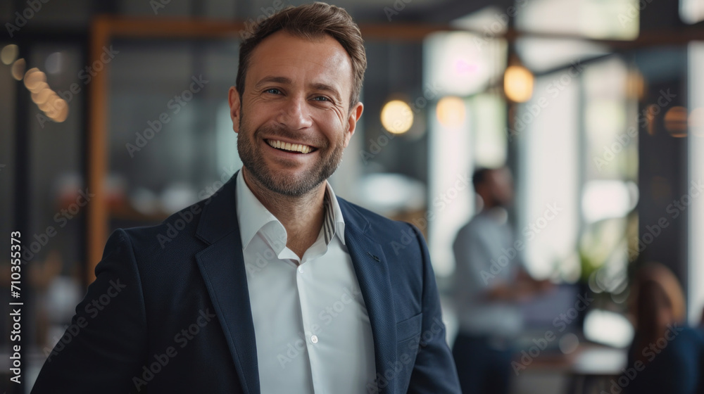 Portrait of a handsome smiling businessman boss standing in his modern business company office. Portrait of a handsome smiling businessman boss standing in his modern business company office.