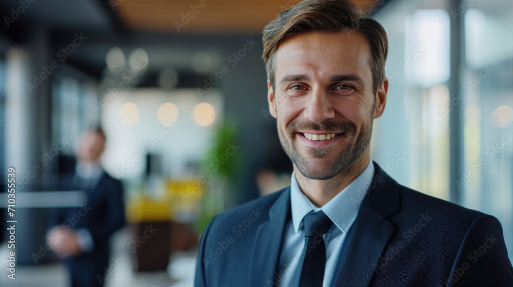 Portrait of a handsome smiling businessman boss standing in his modern business company office. Portrait of a handsome smiling businessman boss standing in his modern business company office.