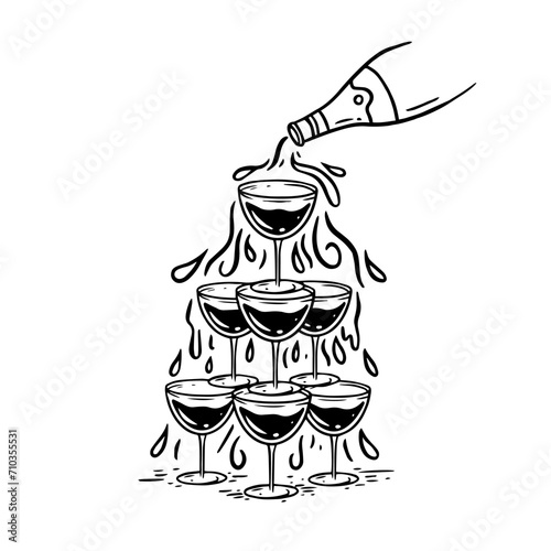 Pyramid of glasses with champagne. Hand drawing black color vector art illustration.