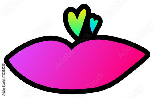 Declarative fluorescent hand drawn female lips with neon gradient light on dark black backdrop. Party icon for design of card or invitation. Doodle hand drawn illuminated vector on black