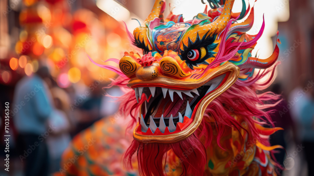 Fototapeta premium Golden Chinese New Year Dragon Mask: Dance in Cultural Traditional Festival Parade