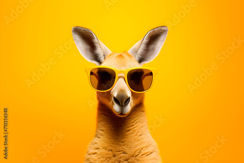 Portrait of a kangaroo in sunglasses on yellow background, studio shot. AI generated photo