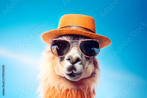 Portrait of an alpaca in sunglasses and a hat. Summer concept. AI generated