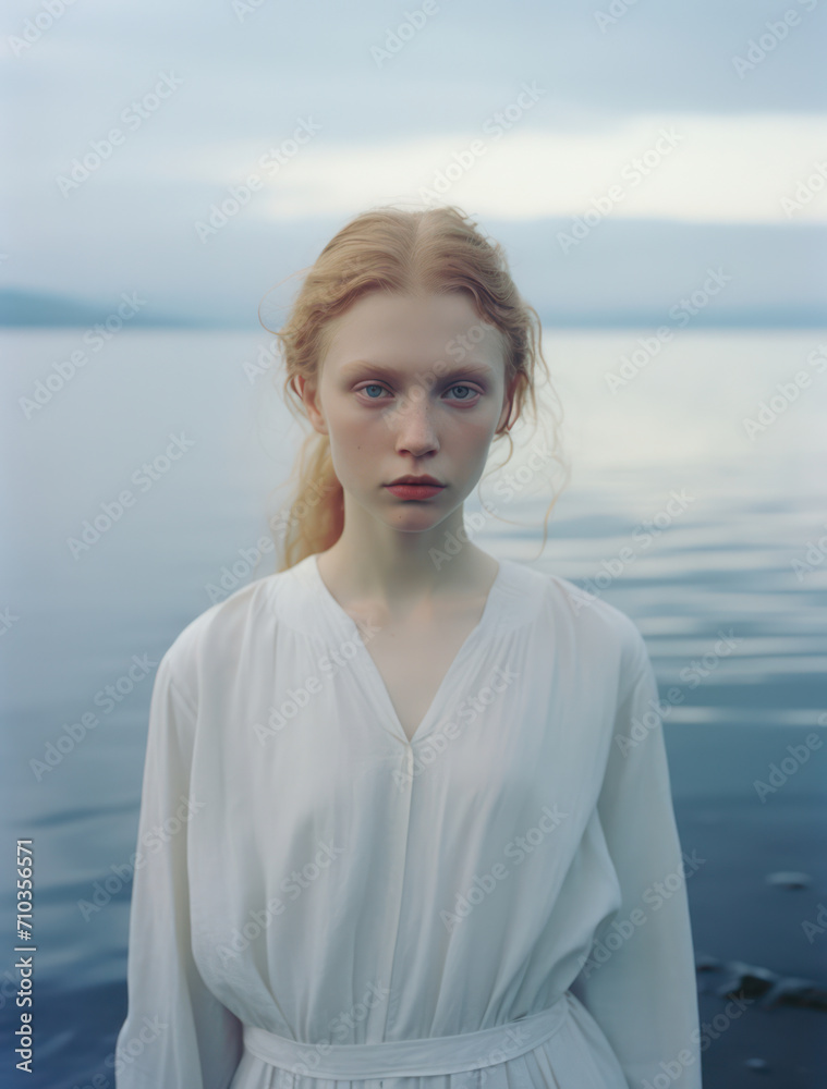 Fototapeta premium Sensual Lady in White: A Sad, Red-haired Portrait Model Embraces Elegance and Flair on a Vintage Studio Background.