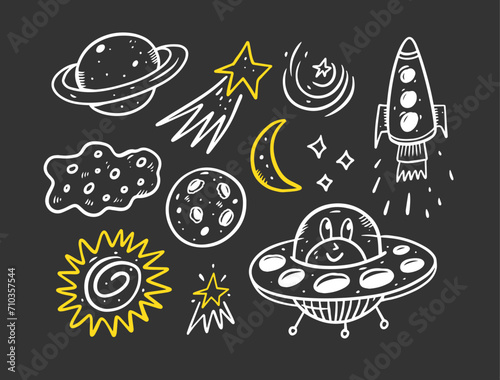Space doodle set elements. Hand drawn comic cartoon sketch.